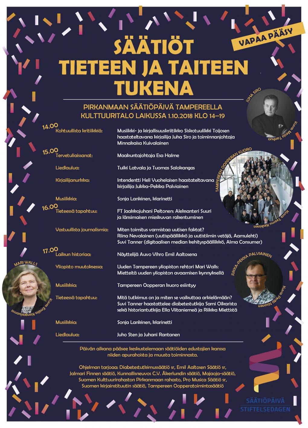 Tule tutustumaan tiedettä ja taidetta tukeviin säätiöihin Pirkanmaan Säätiöpäivään maanantaina 1.10.2018 kello 14–19. Tapahtuma järjestetään Tampereella Kulttuuritalo Laikussa (Keskustori 4).