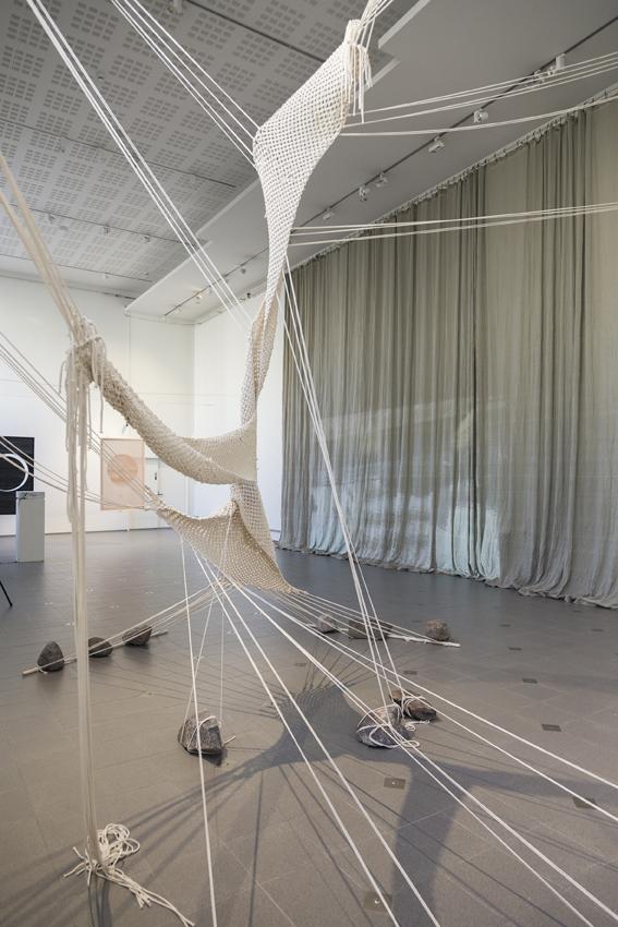 Life is Boring exhibition at Kanneltalo gallery, installation view, 2020. Macrame sculpture by Noora Lehtovuori.