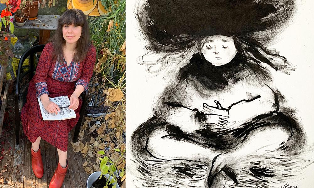 Vasemmalla valokuva naisesta puutarhassa punaisessa mekossa. Oikealla mustavalkoinen piirroskuva istuvasta naisesta.