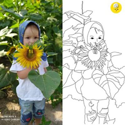 Vasemmalla pieni tyttö pitää auringonkukkaa kädessään, oikealla sama tyttö ääriviivoin piirrettynä.