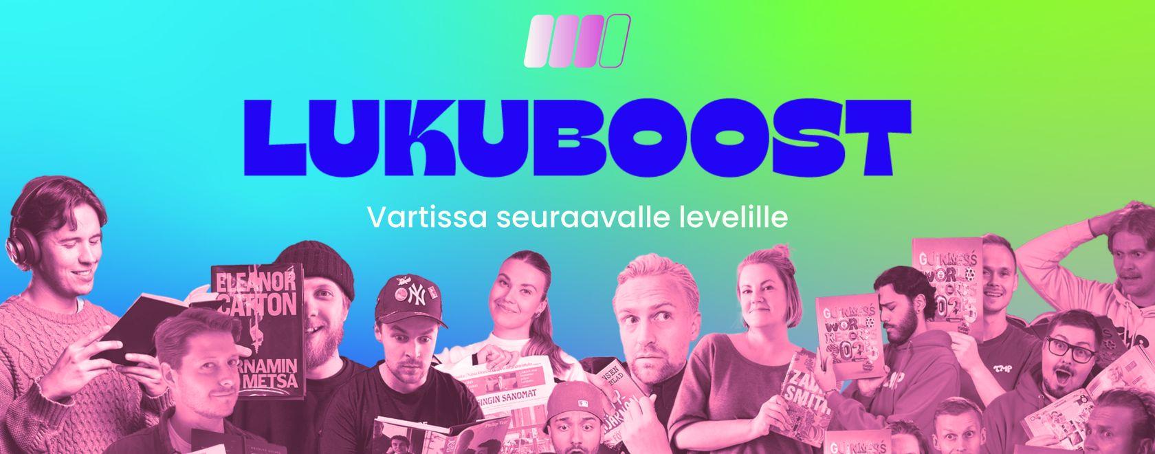 Tyylitelty kuva nuorista ihmisistä, kuvassa teksti Lukuboost