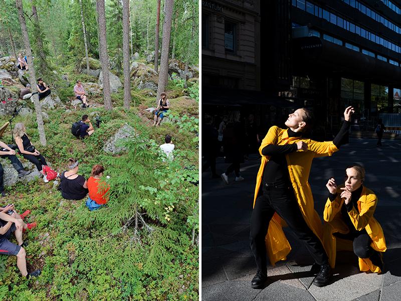 Vasemmalla metsässä istuvia ihmisiä. Oikealla keltaisissa takeissa poseeraavia naisia. 