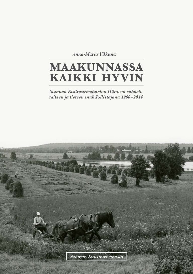 Kirjan kansi, jossa mustavalkoinen kuva maalaismaisemasta ja hevosen vetämät kärryt