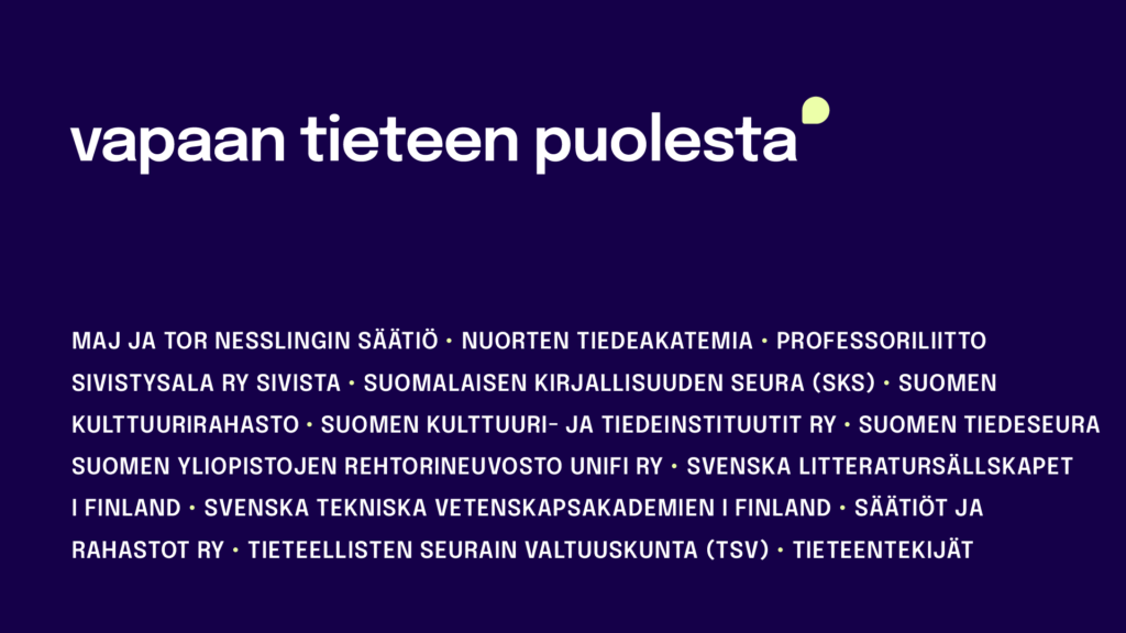 Tummansininen laatikko, jossa teksti vapaan tieteen puolesta