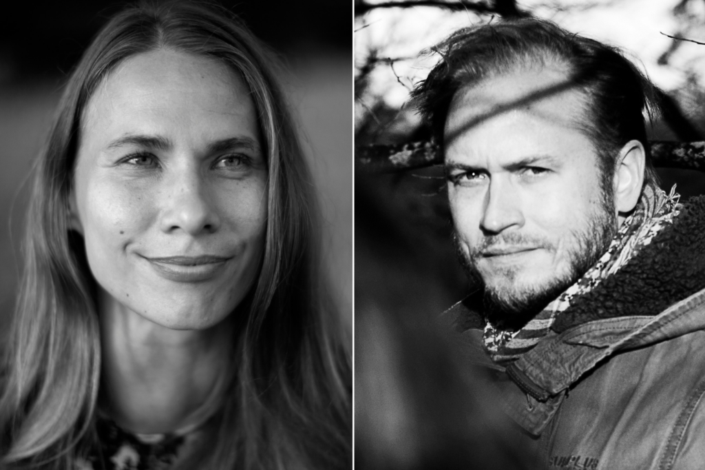 Kaksi mustavalkoista kuvaa vierekkäin. Vasemmalla pitkähiuksisen naisen kasvot, oikealla mies ulkotakissa